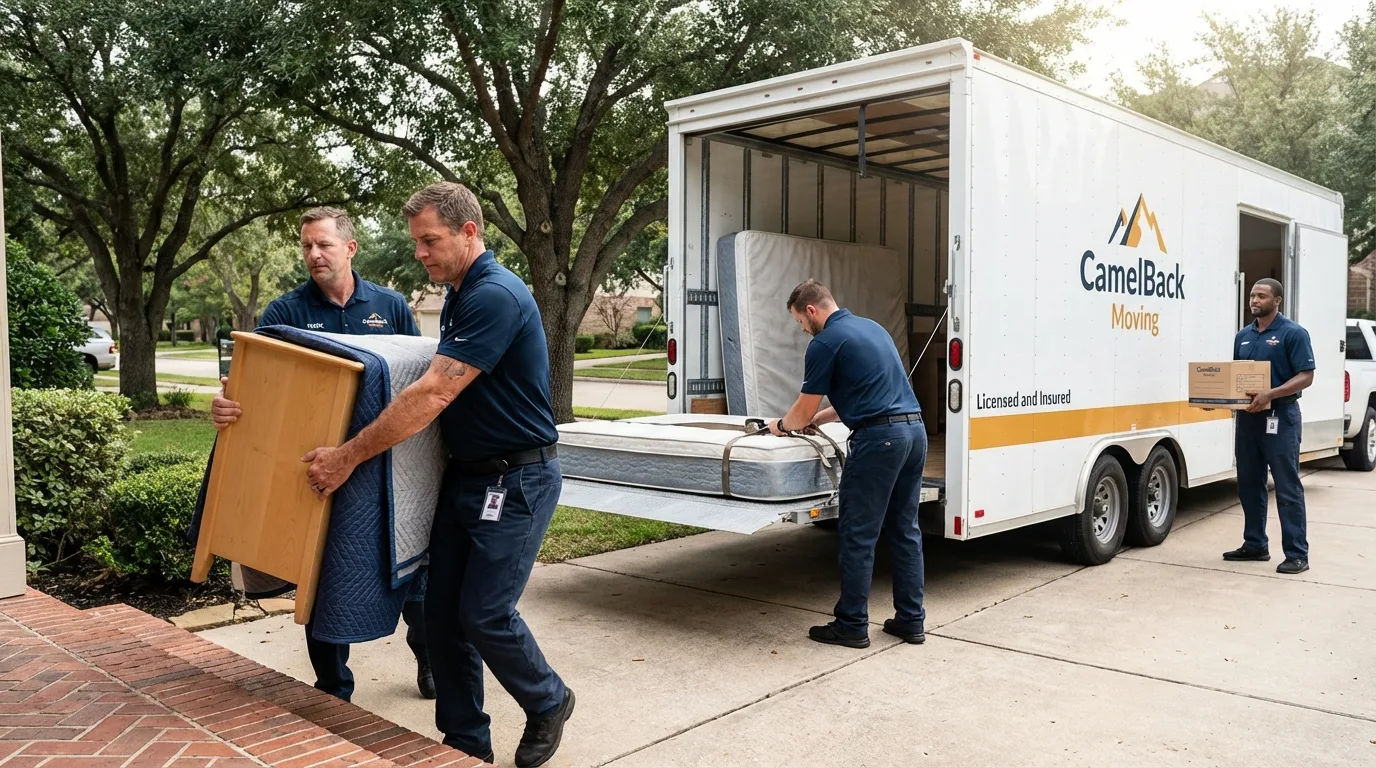Crew loading residential truck for cross-state move from Petersburg, TX