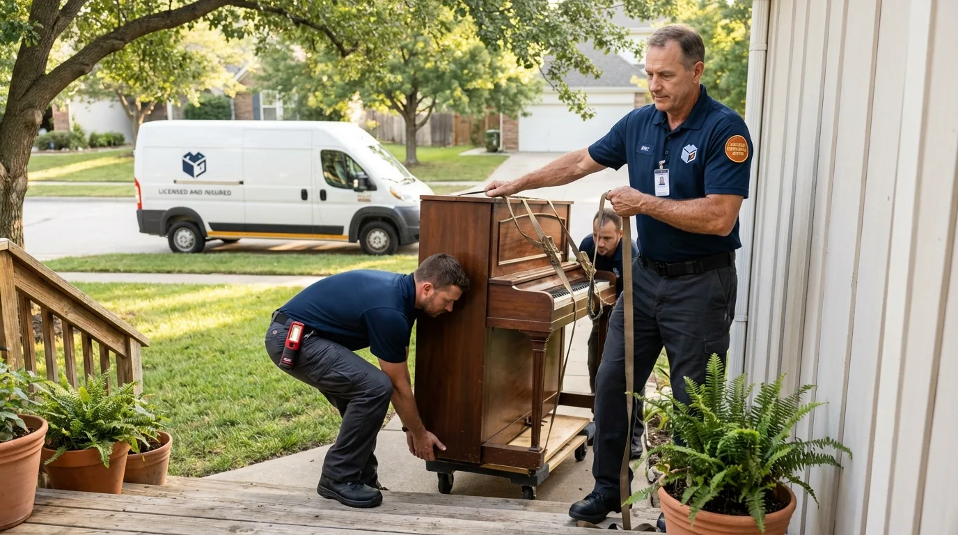 Licensed piano movers securing grand piano in Petersburg, TX
