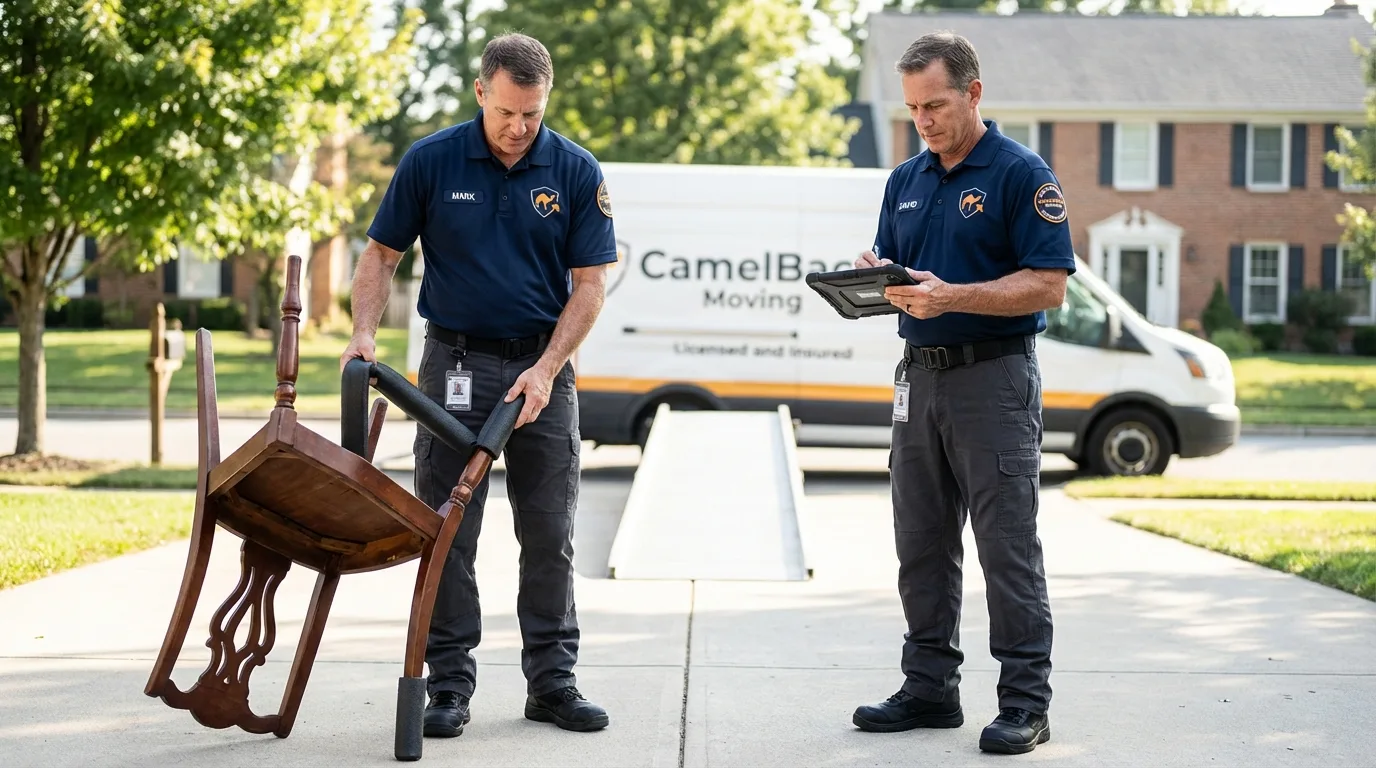 Movers inspecting furniture for damage prevention before loading in Petersburg, TX
