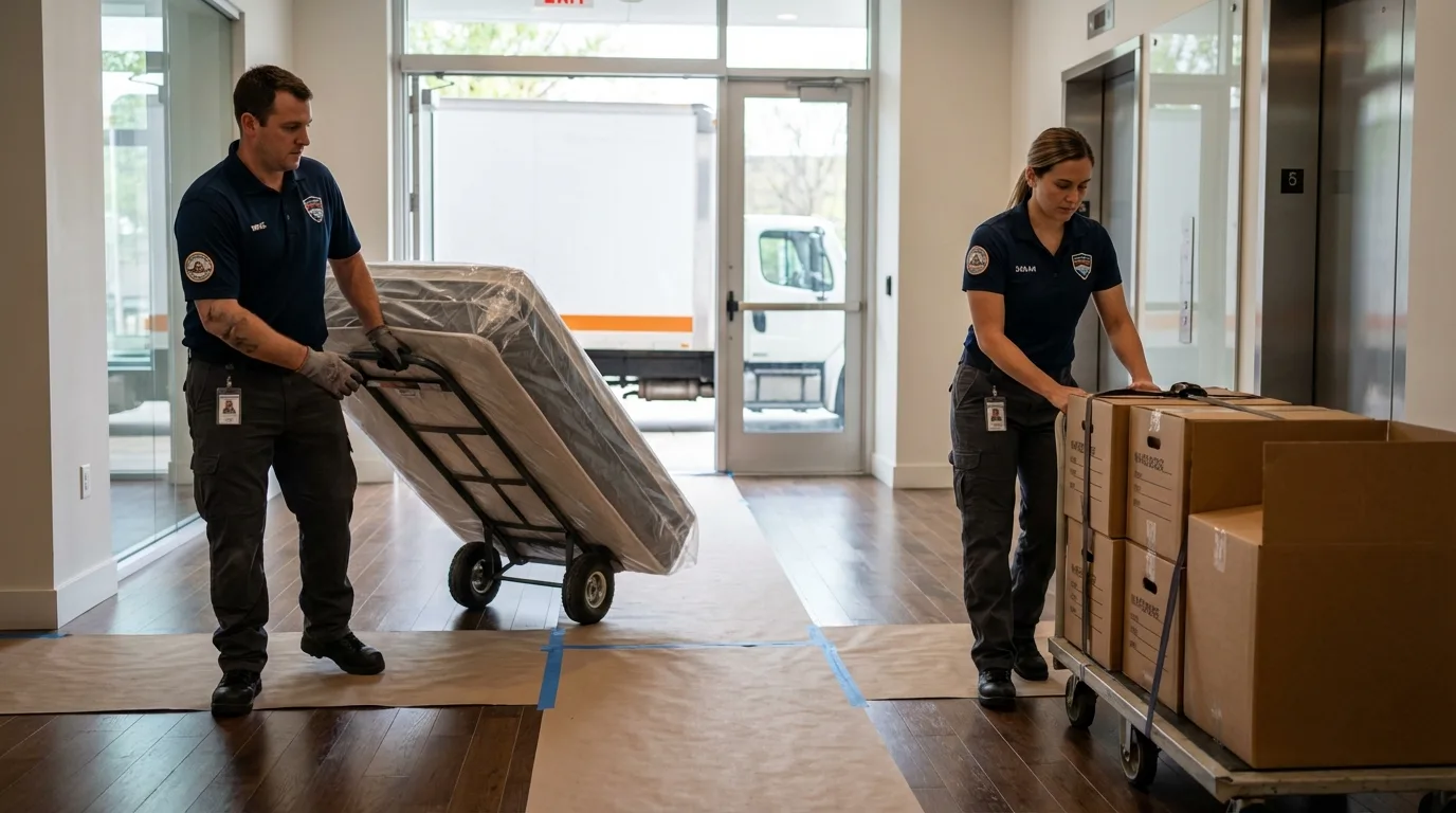 Professional apartment movers loading elevator in Petersburg, TX